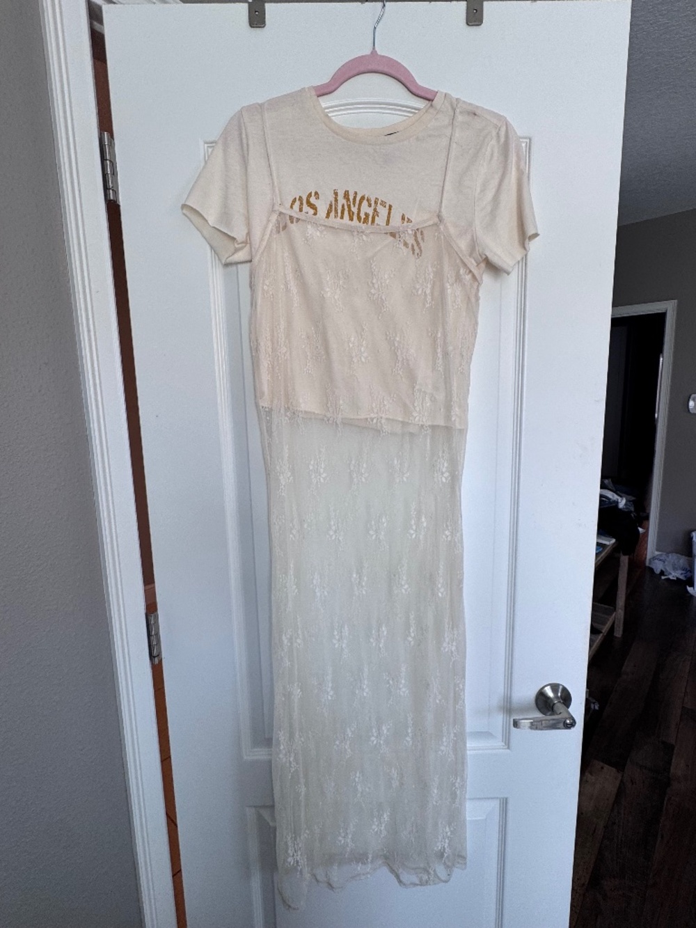 Forever 21 Cream Lace Overlay Maxi Dress with Graphic Tee Top – M